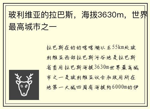 玻利维亚的拉巴斯，海拔3630m，世界最高城市之一